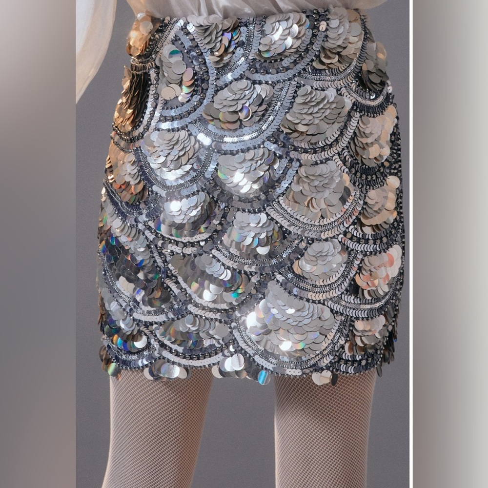 Anthropologie Metallic Sequin Scallop Mini Skirt by Katsu